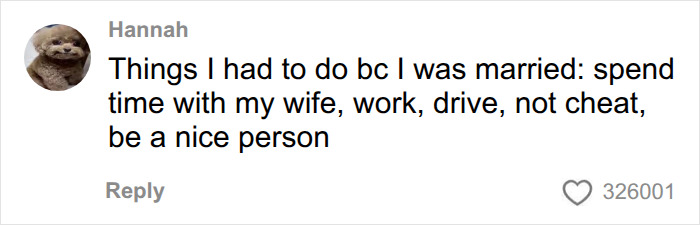 A social media comment listing basic expectations as if they were marriage sacrifices