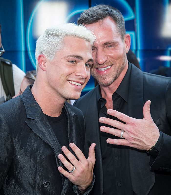 Colton Haynes and ring-bearing partner smiling together, showcasing one of many short celebrity marriages.