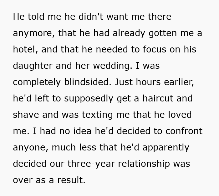 Text explaining how a man suddenly breaks up with girlfriend at his daughter's wedding out of nowhere Text explaining how a man suddenly breaks up with girlfriend at his daughter's wedding out of nowhere