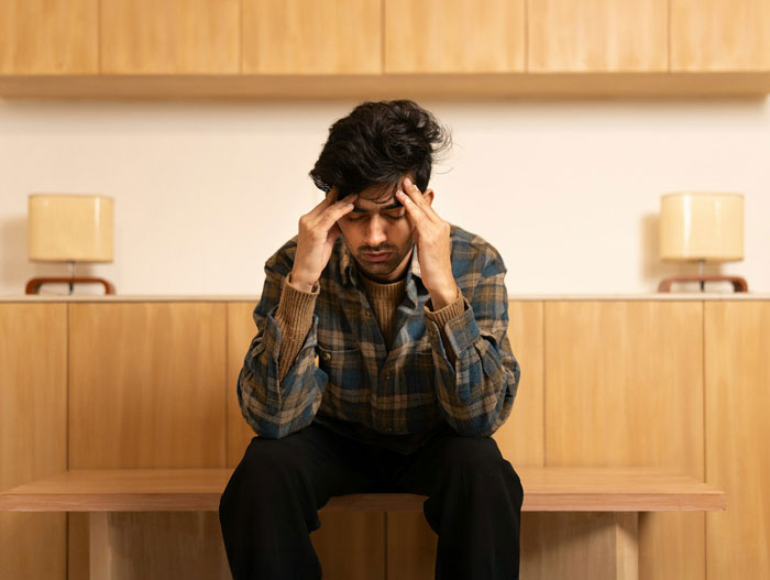Worried man sitting indoors holding head in hands Worried man sitting indoors holding head in hands