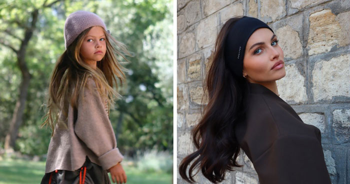 French model Thylane Blondeau in a winter hat during childhood and posing as an adult French model Thylane Blondeau in a winter hat during childhood and posing as an adult