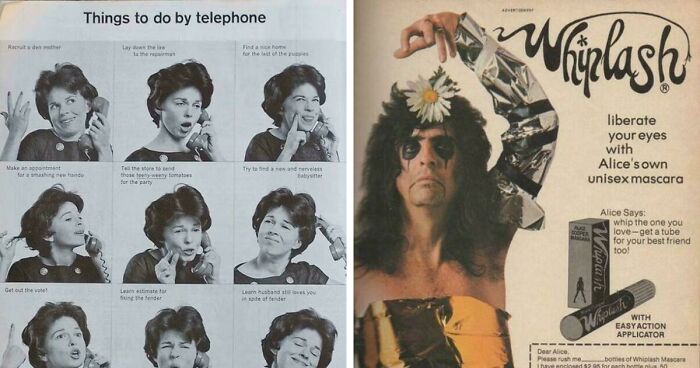 Two odd vintage products: a guide on things to do by telephone and an Alice Cooper Whiplash unisex mascara advertisement.