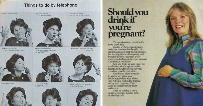Two vintage ads showcasing old telephone instructions and pregnancy advice, featuring classic vintage products.