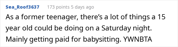 User reply discussing a teenager getting paid for babysitting after an entitled aunt Halloween invite.