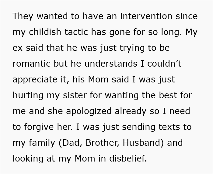 Text snippet about an intervention where an ex claims he was just trying to be romantic
