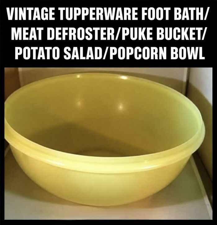 Large yellow vintage Tupperware bowl, an iconic household item in 80s kids childhoods nostalgic photos.