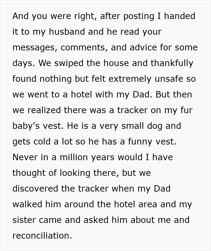 Text post about a guy pursuing ex, detailing the discovery of a tracker on a dog's vest.