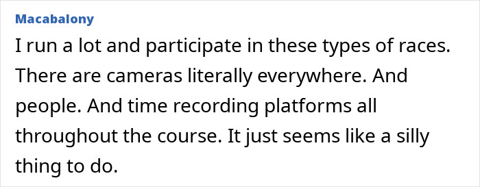 A comment about cameras and platforms during a marathon cheat incident. A comment about cameras and platforms during a marathon cheat incident.