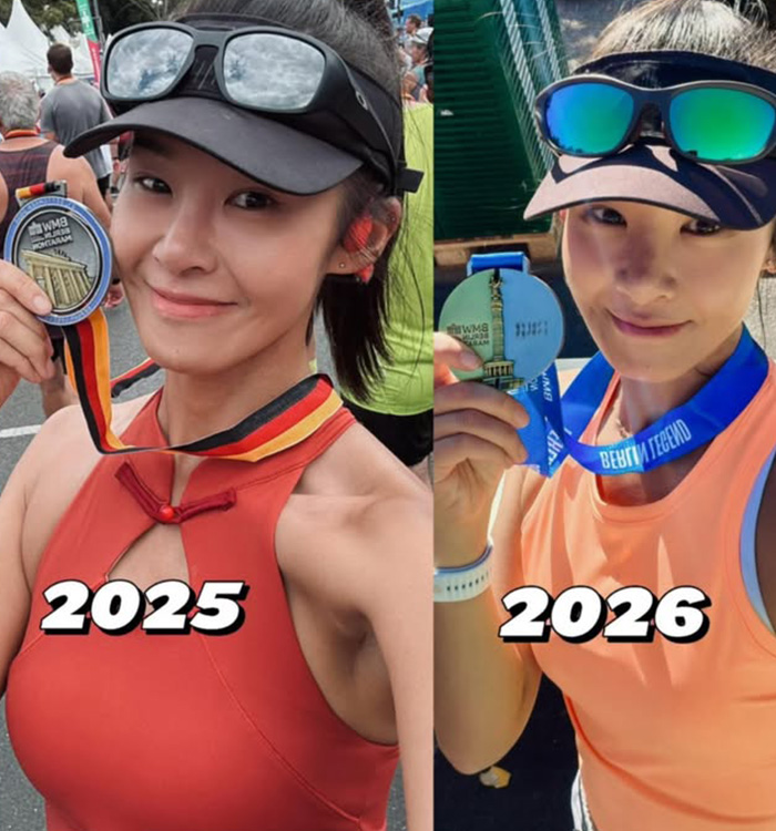 A side-by-side photo comparison of a fitness influencer posing with medals labeled with different years A side-by-side photo comparison of a fitness influencer posing with medals labeled with different years