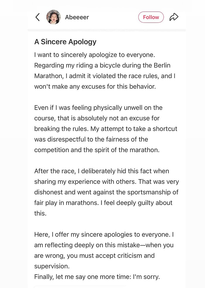 A sincere apology letter from a fitness influencer caught cheating in a marathon A sincere apology letter from a fitness influencer caught cheating in a marathon