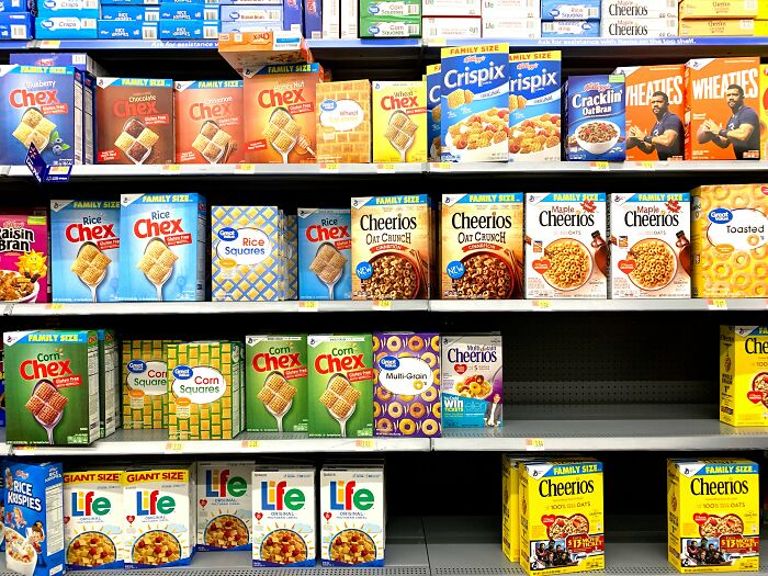 Supermarket shelves filled with cereal boxes, an example of product marketing and PR stunts.