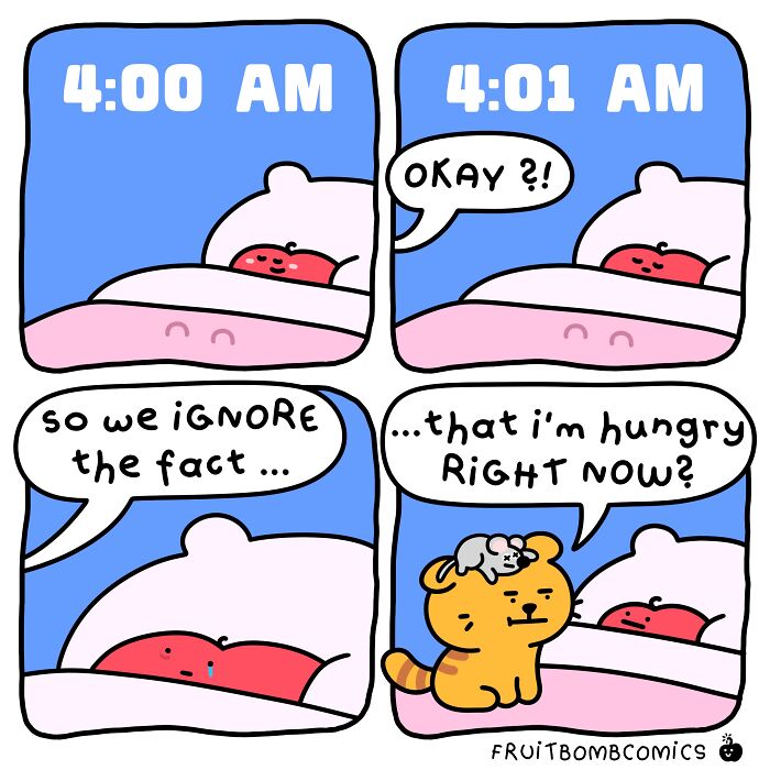 FruitBombComics with fruit ignoring hunger at 4 am with a cat nearby