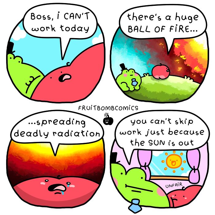 FruitBombComics with fruits discussing skipping work due to sun and radiation