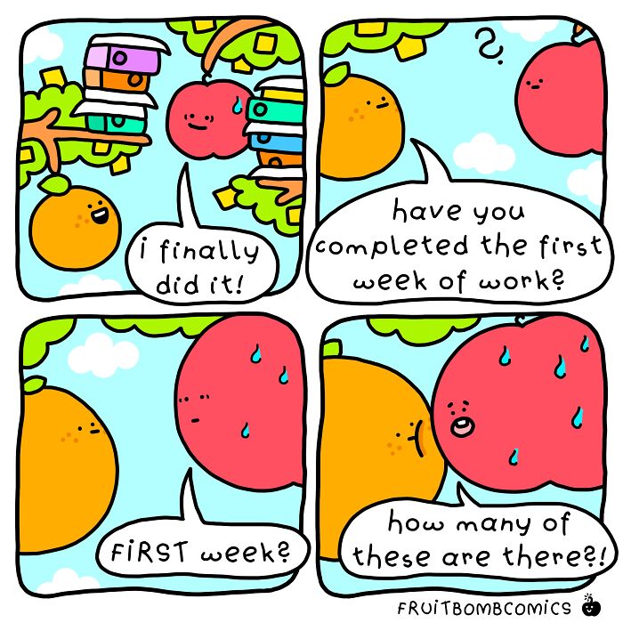 FruitBombComics showing talking fruits overwhelmed by first week of work