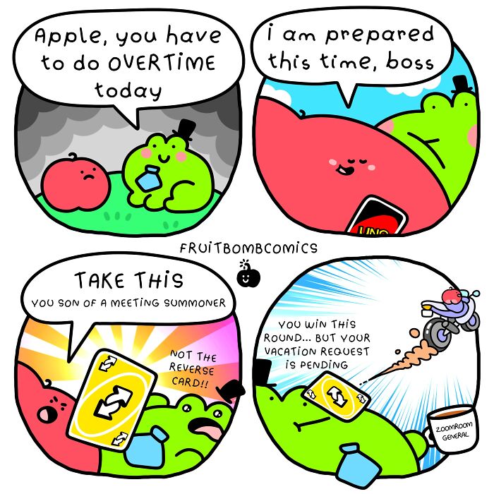 FruitBombComics depicting talking fruits dealing with work overtime and meetings