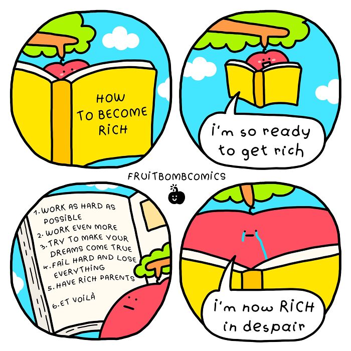 FruitBombComics comic of talking fruit reading book on how to become rich with ironic ending