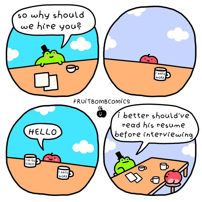 FruitBombComics comic about funny job interview with talking fruit and frog character