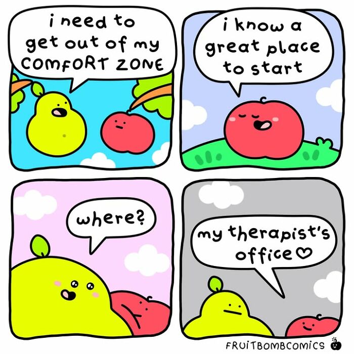 FruitBombComics showing talking fruits discussing comfort zones and therapy