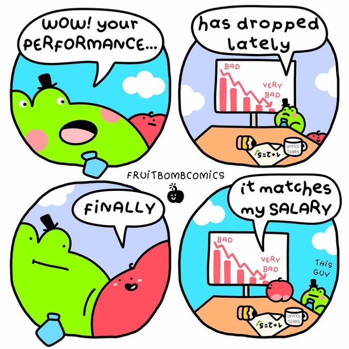 Comic strip with FruitBombComics characters humorously discussing performance and salary