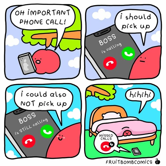 FruitBombComics comic shows talking fruit ignoring boss calls with missed calls notification