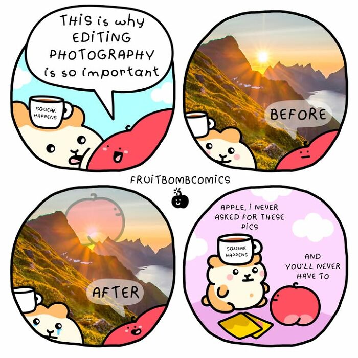 FruitBombComics comic explains importance of editing photography with talking fruits and animals