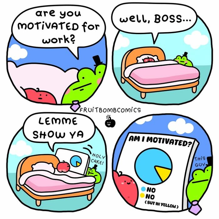 FruitBombComics comic with talking fruits on motivation for work and humorous pie chart