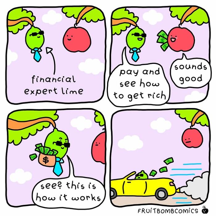 FruitBombComics comic with talking fruits about financial advice and getting rich