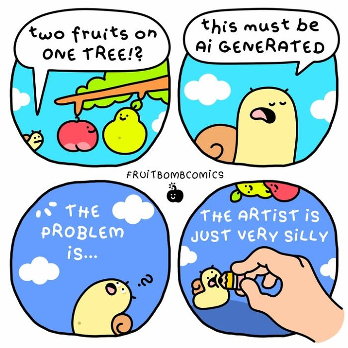 FruitBombComics comic shows talking fruits on one tree with AI-generated art joke