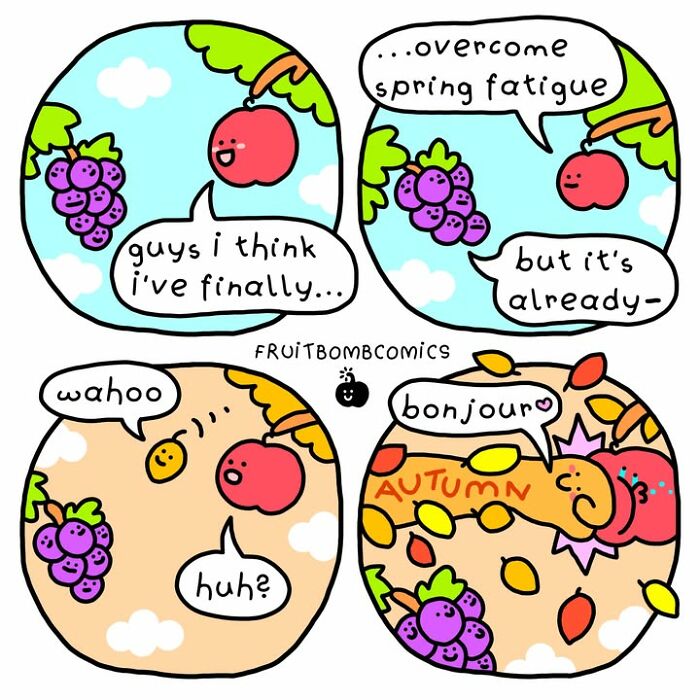 FruitBombComics talking fruits discuss overcoming spring fatigue in a colorful comic strip