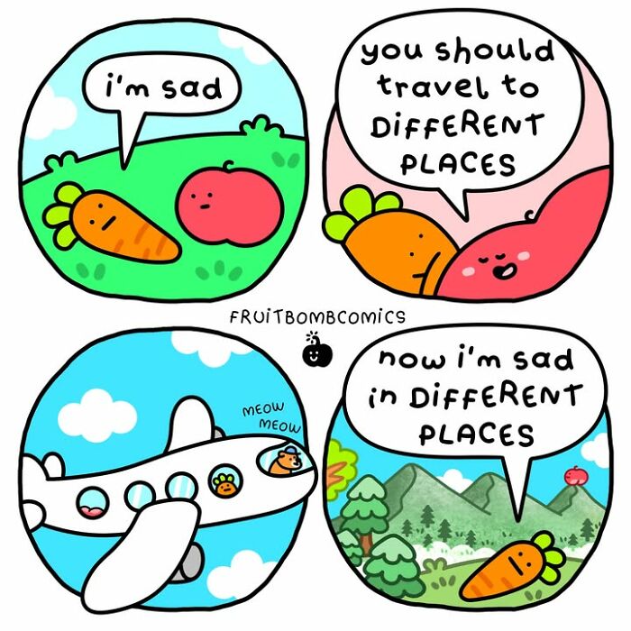 Talking carrot and tomato in FruitBombComics discuss traveling to different places to change sadness