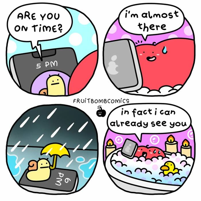 FruitBombComics depicts heart character almost arriving in rain with a snail and bath scene