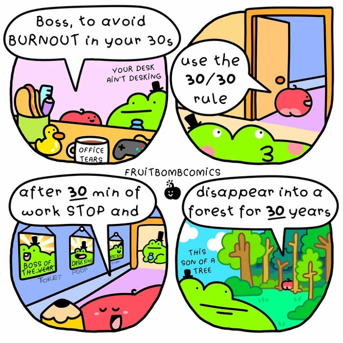 FruitBombComics about avoiding burnout in your 30s using the 30 30 rule and disappearing into the forest
