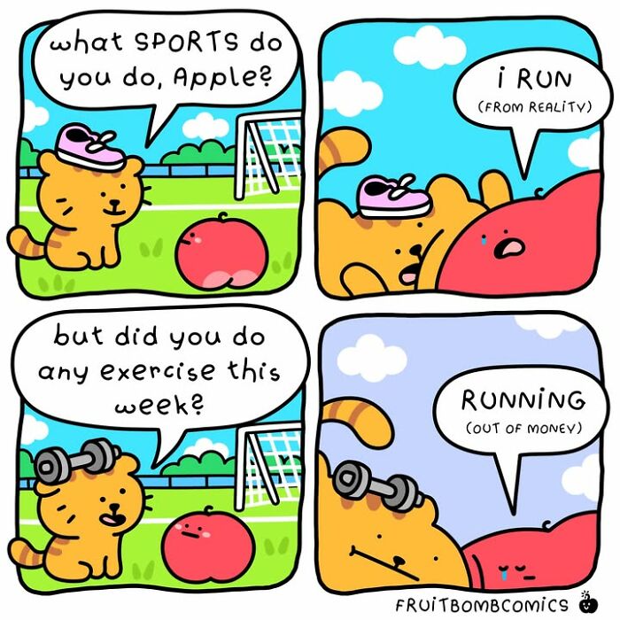 FruitBombComics with tiger asking apple about sports and exercise with humorous replies
