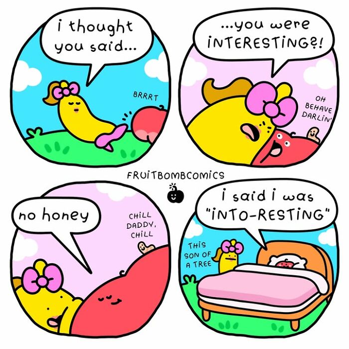 FruitBombComics funny comic about a talking fruit mishearing interesting as into-resting