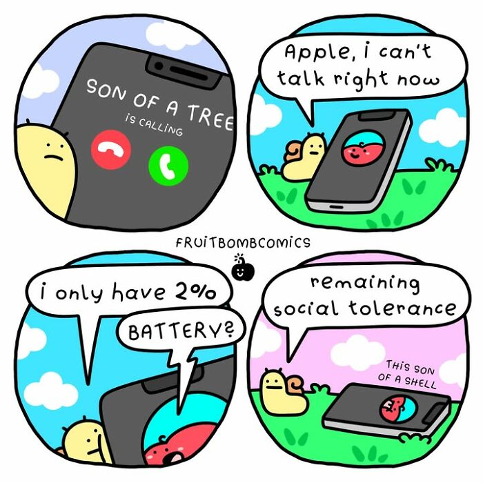 FruitBombComics comic of fruit with low battery and social tolerance