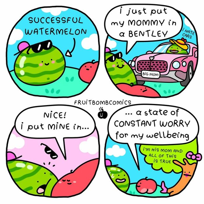 FruitBombComics showing successful watermelon boasting about putting mommy in a Bentley car