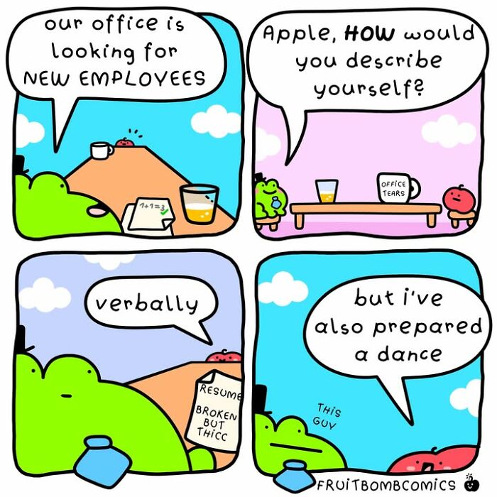 FruitBombComics illustrating a job interview with a frog and an apple character