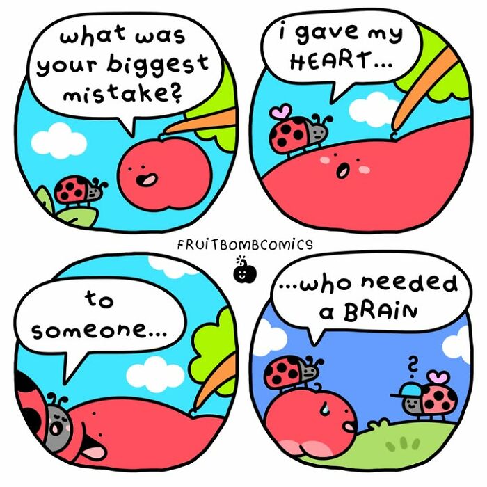 Funny FruitBombComics featuring talking fruits sharing their biggest mistakes and feelings