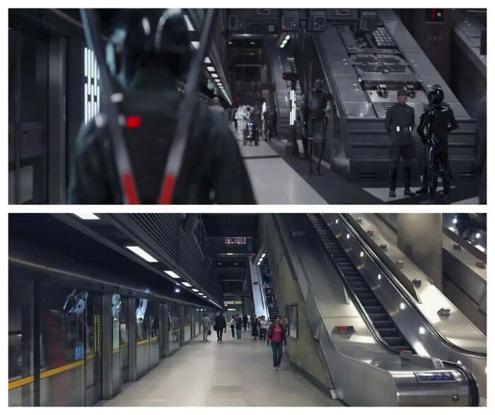 A real subway station escalator set serves as a realistic movie prop in Rogue One.