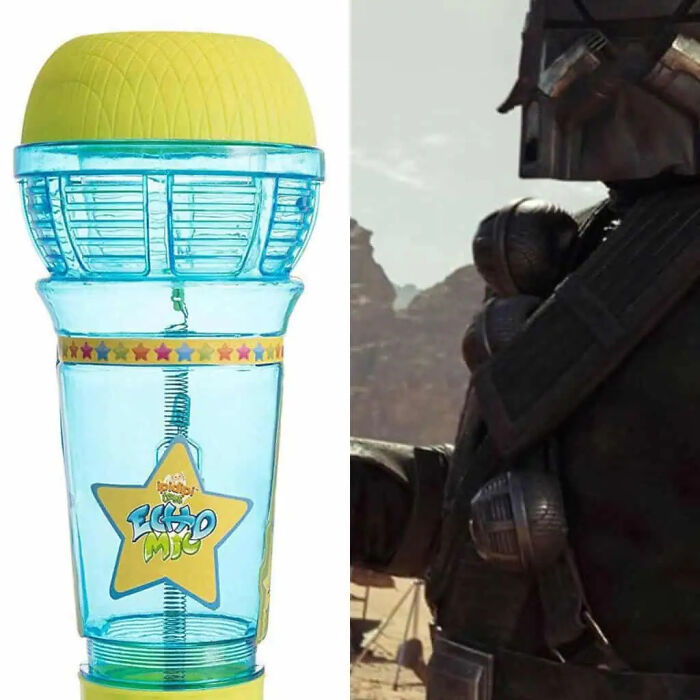 A blue toy microphone side-by-side with its use as sci-fi movie props on a costume.