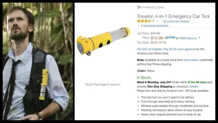 An emergency car tool used as movie props on a vest next to an online listing.