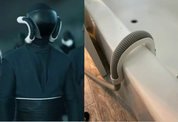 A side-by-side comparison of a sci-fi helmet and a washing machine hose used as movie props