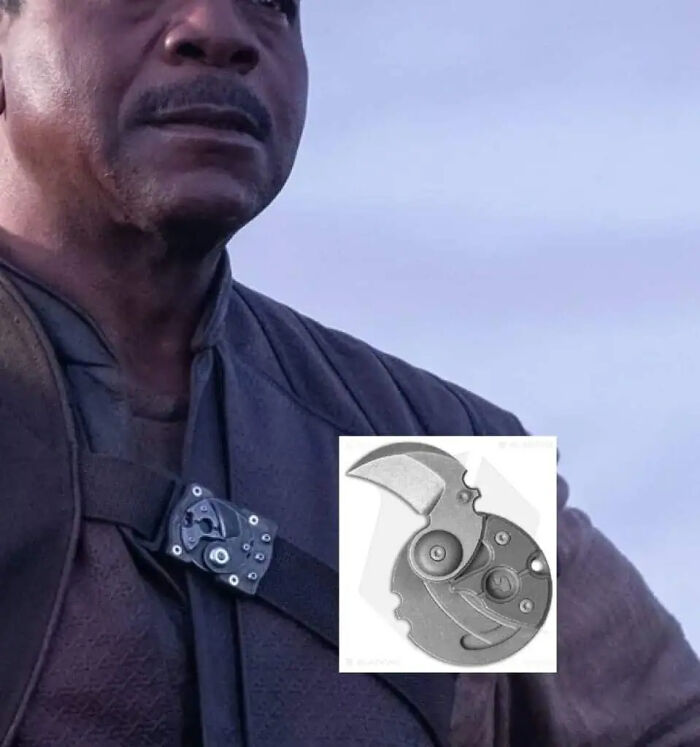 A character with a small folding knife buckle detail representing clever movie props