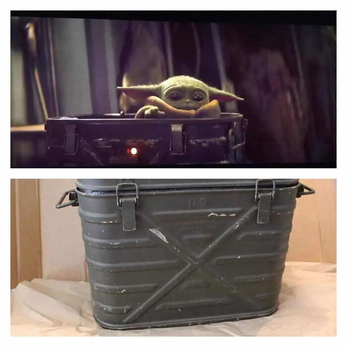 Grogu in a container compared to a real-life metal bin showing simple movie props