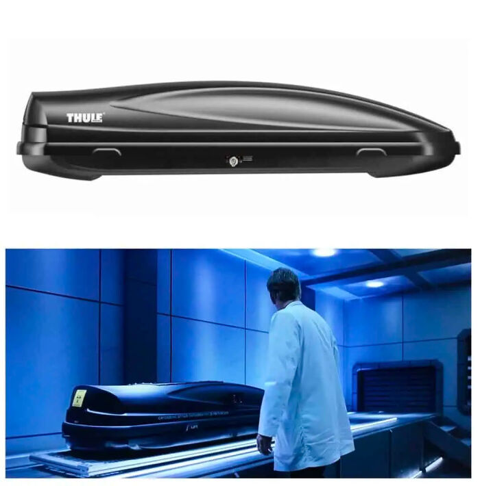 A comparison of a Thule car roof box and a sci-fi sleep chamber, highlighting movie props.