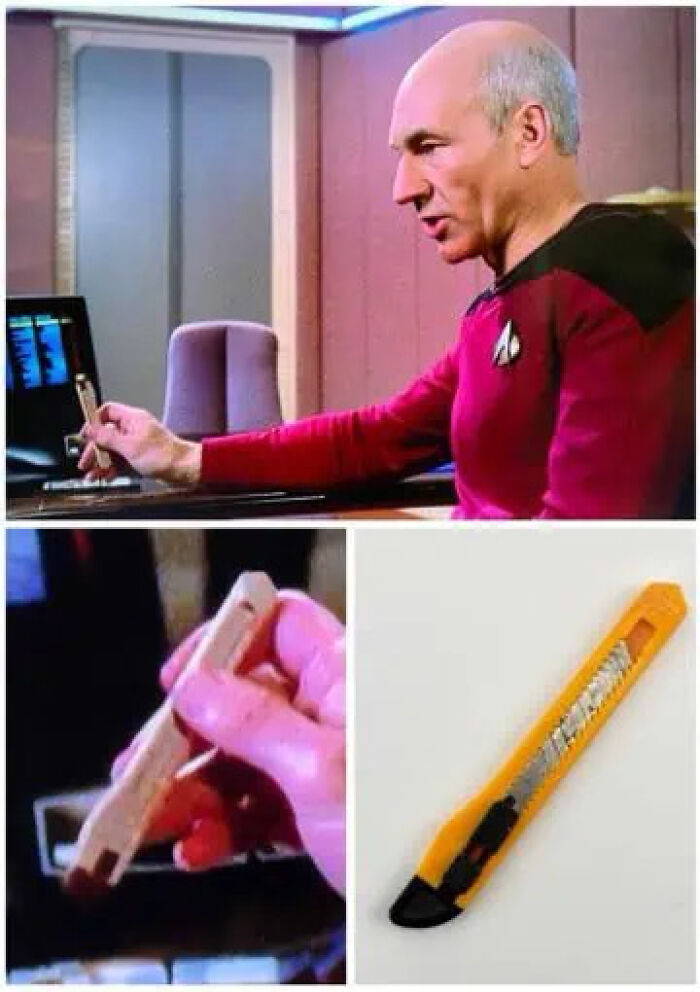 Jean-Luc Picard holding a futuristic stylus compared to a basic yellow utility knife as movie props.