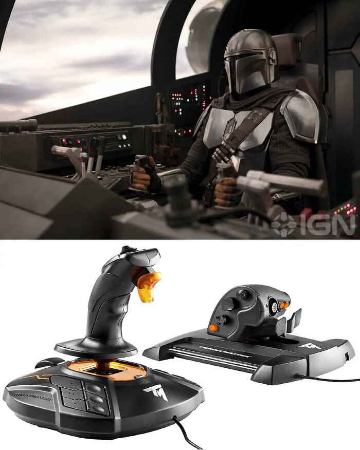 Mandalorian piloting spaceship using flight joysticks as movie props.