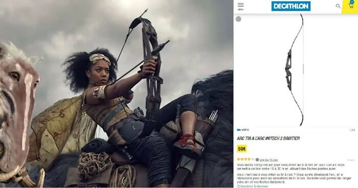 A character holding a bow next to a retail listing of the same item repurposed as movie props
