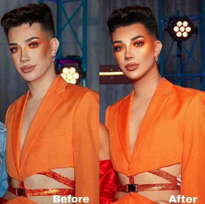 Before and after edited photos showing dramatic makeup change on man