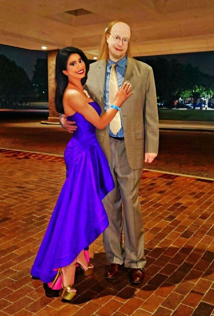Ridiculously edited photo of a couple with disproportionate bodies posing outdoors